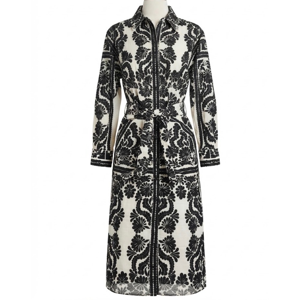 Antonio Melani Black Cream Floral Cotton Shirt Dress High Low Belted Size 4